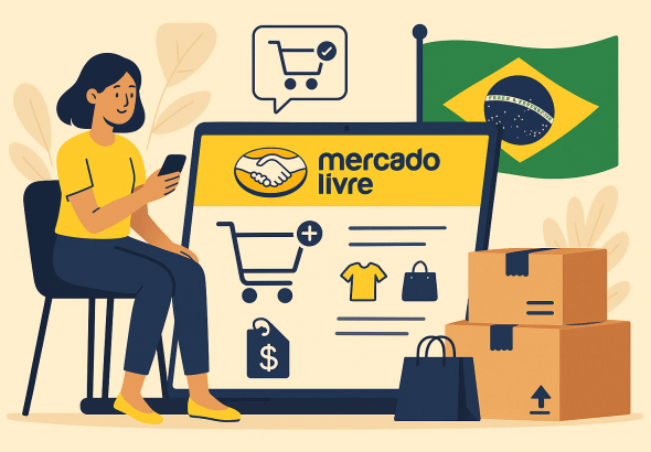 Illustration of online shopping in Brazil with MercadoLibre logo