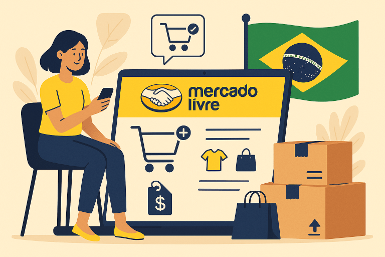 Illustration of online shopping in Brazil with MercadoLibre logo
