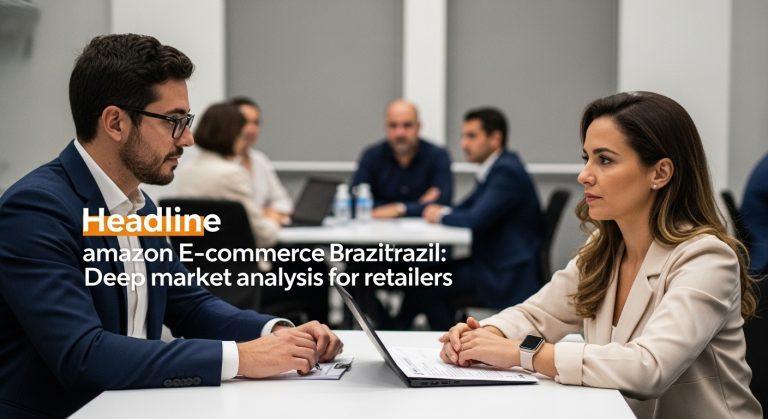 Editorial illustration of Brazil e-commerce landscape with Amazon-like branding and rapid delivery imagery.