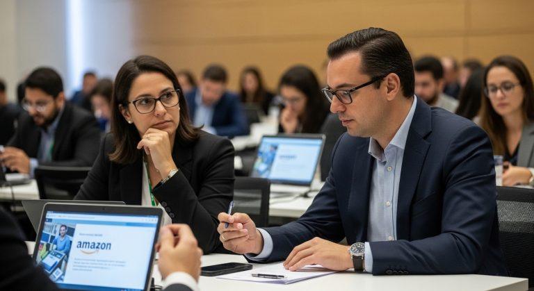 Editorial illustration of Brazil e-commerce landscape with Amazon-like branding and rapid delivery imagery.