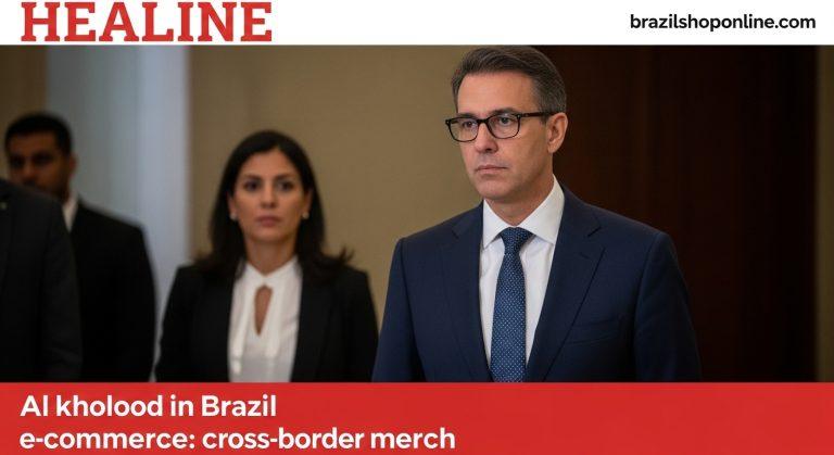 Editorial concept of al kholood branding crossing into Brazil's e-commerce market, with a Brazilian flag, Saudi club cre