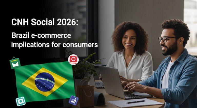 Editorial collage showing Brazil flag, e-commerce icons, and a driver's license concept for CNH Social 2026 analysis