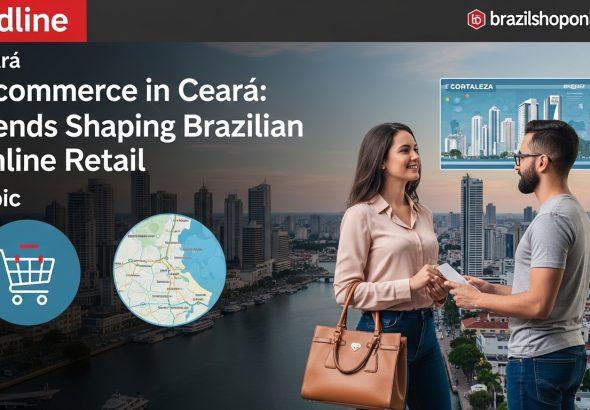 Editorial illustration of Ceará's e-commerce landscape with digital shopping elements